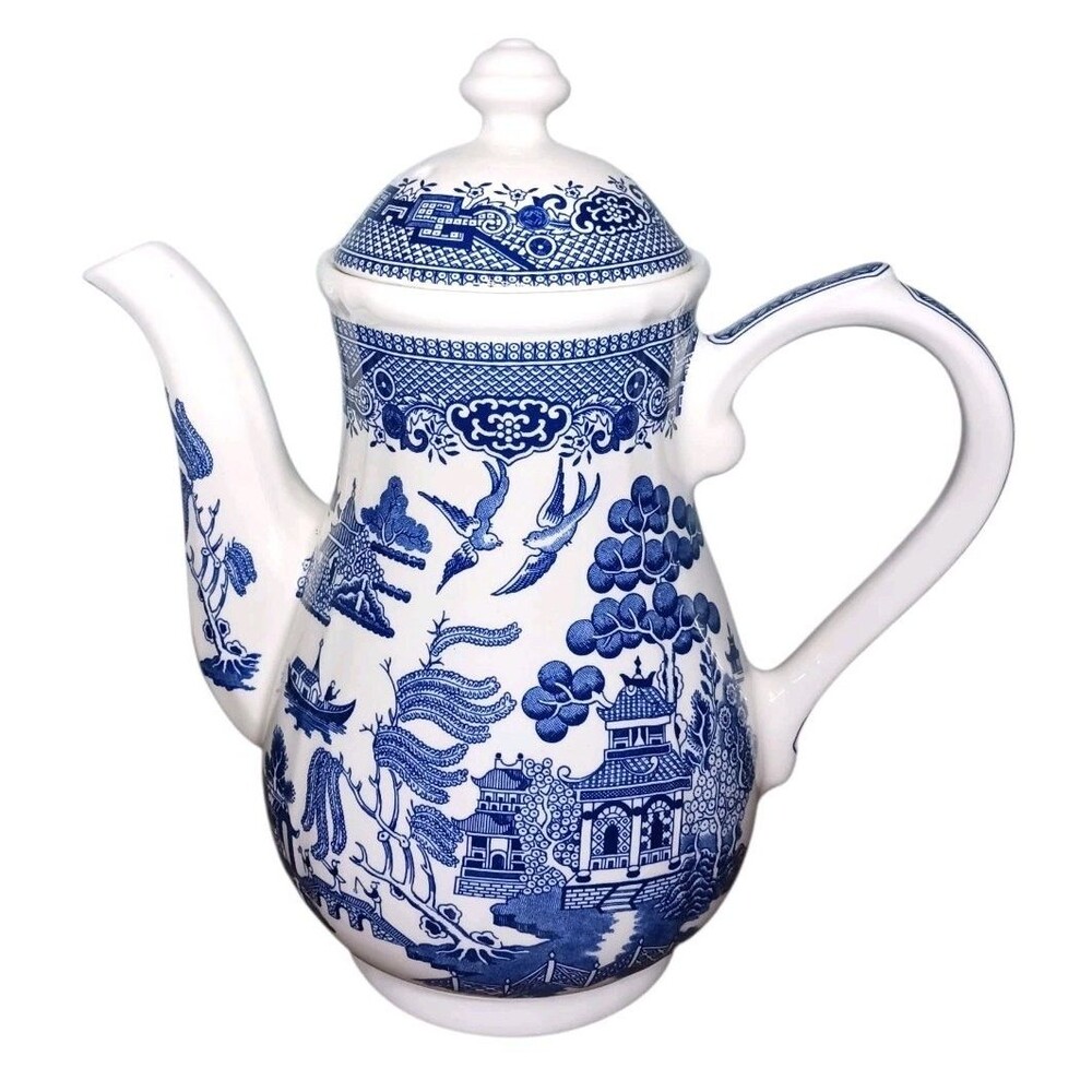 Vintage Churchill England Blue Willow Coffee / Tea Pot With Lid 9.5" Height MINT